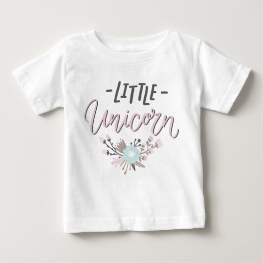 Rosa und graue kleine Einhornhandschrift mit Blume Baby T-shirt (Vorderseite)