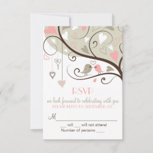 Rosa und graue Lovebird-RSVP-Hochzeitseinladungen RSVP Karte