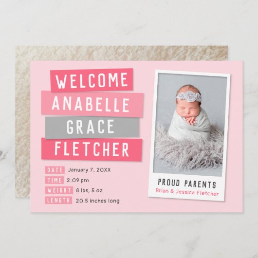 Rosa und graue Snapshot 2 Foto Geburtsankündigung Ankündigung (Vorne/Hinten)