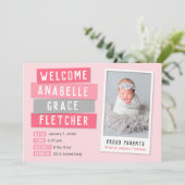 Rosa und graue Snapshot Foto Geburtsankündigung Ankündigung (Stehend Vorderseite)