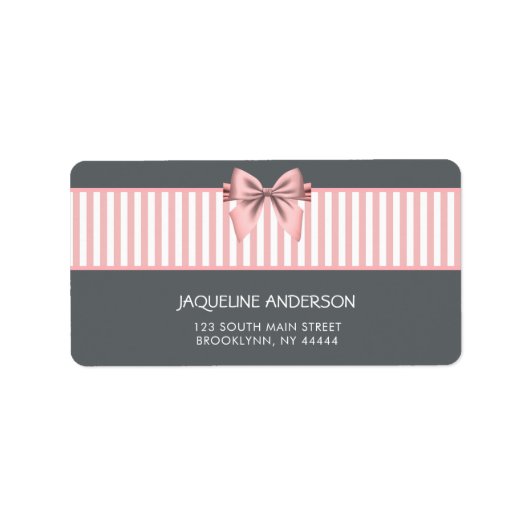 Rosa und graue Stripte Bow Babydusche Adressaufkleber (Vorne)