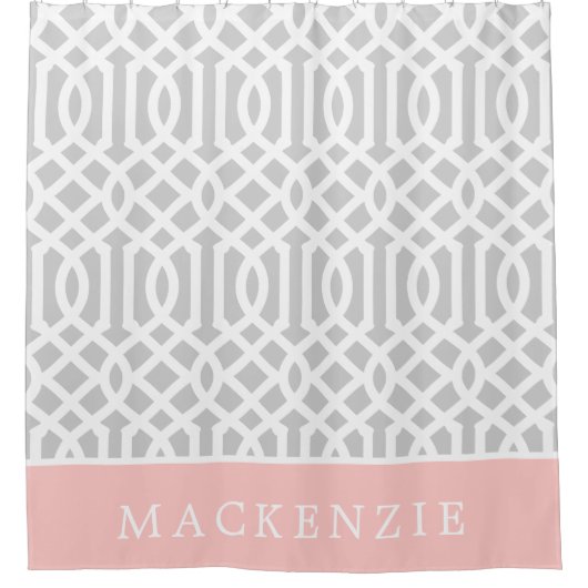 Rosa und graue Trellis Monogramm | Editierbare Far Duschvorhang (Vorderseite)
