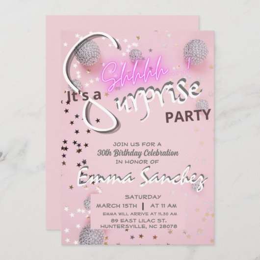 Rosa und graue Überraschungseinladung mit QR-uAwg Einladung (Vorne/Hinten)