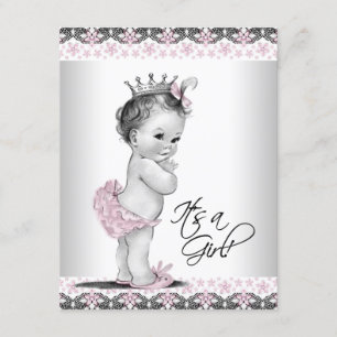 Rosa und Graue Vintage-Baby-Mädchen-Party Einladung