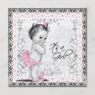 Rosa und Graue Vintage-Baby-Mädchen-Party Einladung