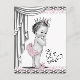 Rosa und graue Vintage-Baby-Party für Mädchen Einladung