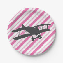 Rosa und graue Vintage-Flugzeug-Papierteller