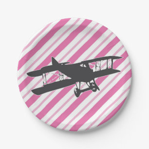 Rosa und graue Vintage-Flugzeug-Papierteller Pappteller