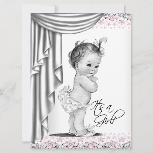 Rosa und graue Vintage Kindermädchendusche Einladung (Vorderseite)