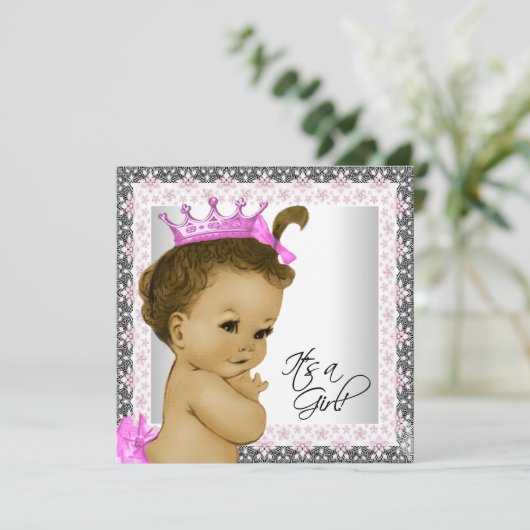 Rosa und graue Vintage Kindermädchendusche Einladung (Stehend Vorderseite)