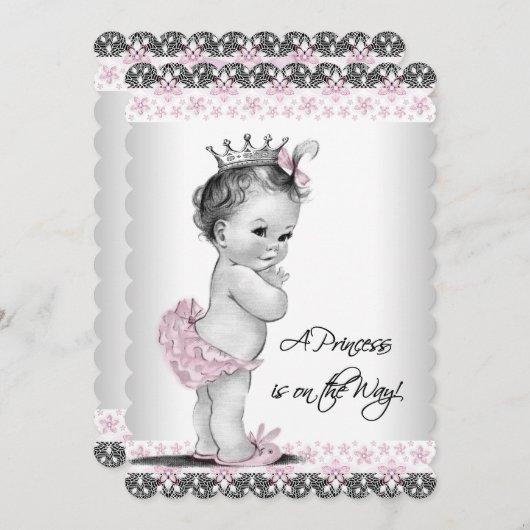 Rosa und graue Vintage Kindermädchendusche Einladung (Vorne/Hinten)