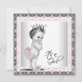 Rosa und graue Vintage Kindermädchendusche Einladung (Vorderseite)