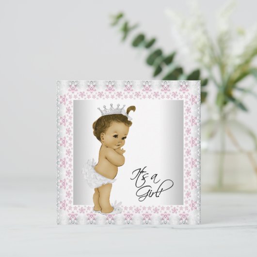 Rosa und graue Vintage Kindermädchendusche Einladung (Stehend Vorderseite)