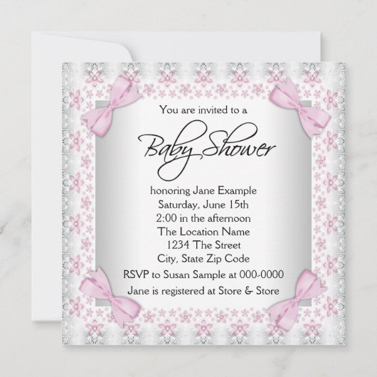 Rosa und graue Vintage Kindermädchendusche Einladung (Rückseite)