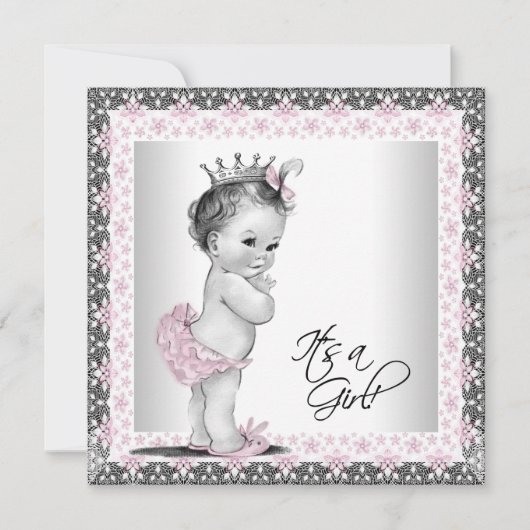 Rosa und graue Vintage Kindermädchendusche Einladung (Vorderseite)