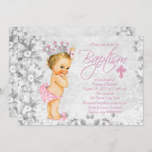 Rosa und graue Vintage Taufe der Prinzessin Einladung (Vorne/Hinten)