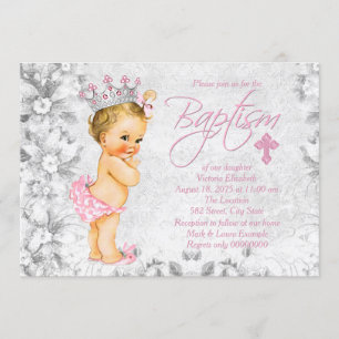 Rosa und graue Vintage Taufe der Prinzessin Einladung