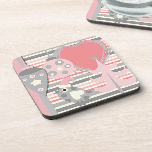 Rosa und graue Weihnachtsschmuck und Vogel-Unterse Getränkeuntersetzer (Linke Seite)