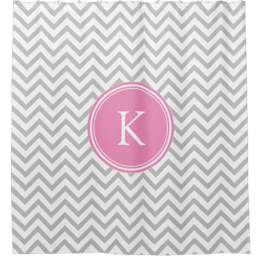 Rosa und graue Zickzack Streifen mit Monogramm Duschvorhang (Vorderseite)