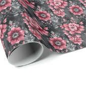 Rosa und graues Blumenmuster Geschenkpapier (Rolleneckpunkt)