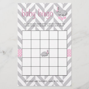 Rosa und graues Elefant-Babyparty-Bingo Briefpapier