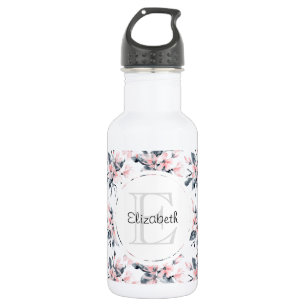 Rosa und graues florales Wasserfarbmuster-Monogram Edelstahlflasche