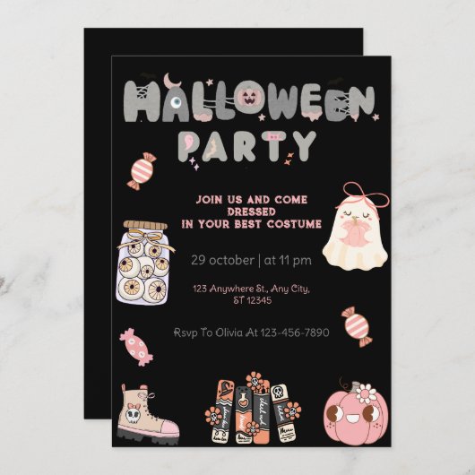 Rosa und graues Halloween-Party Niedlich Ghost & S Einladung (Vorne/Hinten)