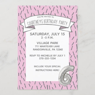 Rosa und Gray Balloon Girls 6. Geburtstagsparty Einladung