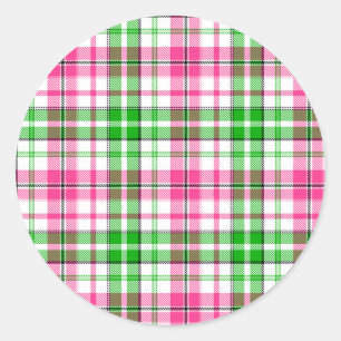 Rosa und Grün auf weißem Karo-Tartan-Muster Runder Aufkleber