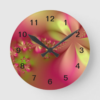 Rosa-und Grün-BlumenFraktal-Wand-Uhr Runde Wanduhr