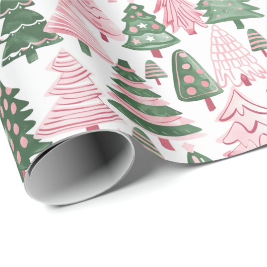 Rosa und grün dekorierte Bäume mit weißem Hintergr Geschenkpapier (Rolleneckpunkt)