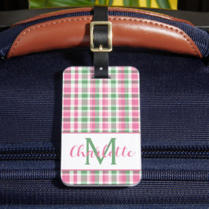 Rosa und grün kariertes Monogramm im Prepper-Stil Gepäckanhänger