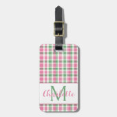 Rosa und grün kariertes Monogramm im Prepper-Stil Gepäckanhänger (Vorderseite vertikal)
