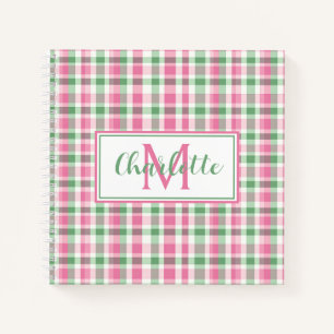Rosa und grün kariertes Monogramm im Prepper-Stil Notizblock