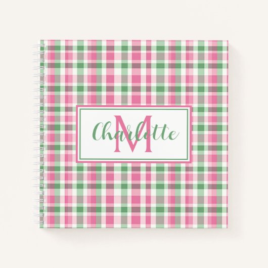 Rosa und grün kariertes Monogramm im Prepper-Stil Notizblock (Vorderseite)