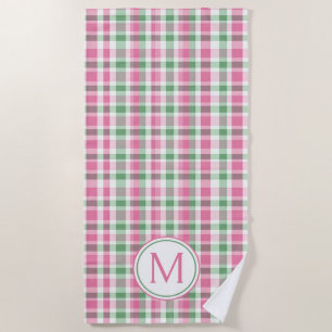Rosa und grün kariertes Monogramm im Prepper-Stil Strandtuch