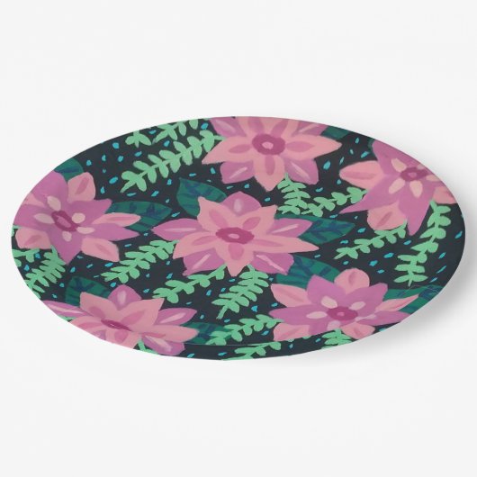Rosa und grüne Abstrakte Blumendrucke Pappteller (Schrägansicht)