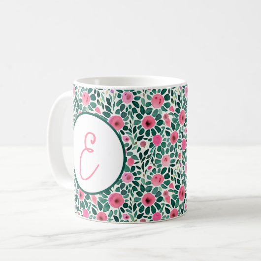 Rosa und grüne Aquarellmuster Kaffeetasse (Vorderseite Links)
