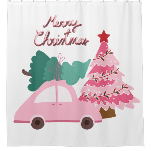 Rosa und grüne Auto und Weihnachtsbaum Duschvorhang (Vorderseite)