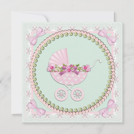 Rosa und grüne Babydusche Einladung (Vorderseite)