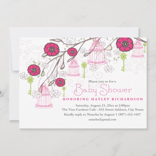 Rosa und grüne Birdcage Kinderdusche Einladung (Vorderseite)