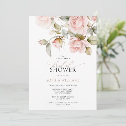 Rosa und grüne Blätter Brautparty Einladung (Stehend Vorderseite)