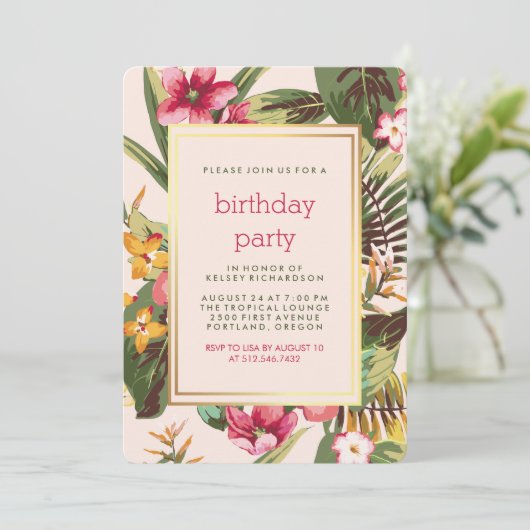 Rosa und grüne Blätter Tropisches Party mit Gold Einladung (Stehend Vorderseite)