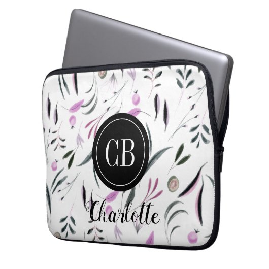 Rosa und grüne Blätter und Obst Monogramm und Name Laptopschutzhülle (Vorderseite Links)