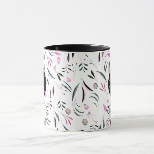 Rosa und grüne Blätter und Obst Monogramm und Name Tasse (Zentrum)