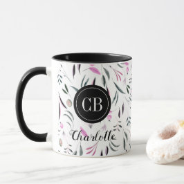 Rosa und grüne Blätter und Obst Monogramm und Name Tasse