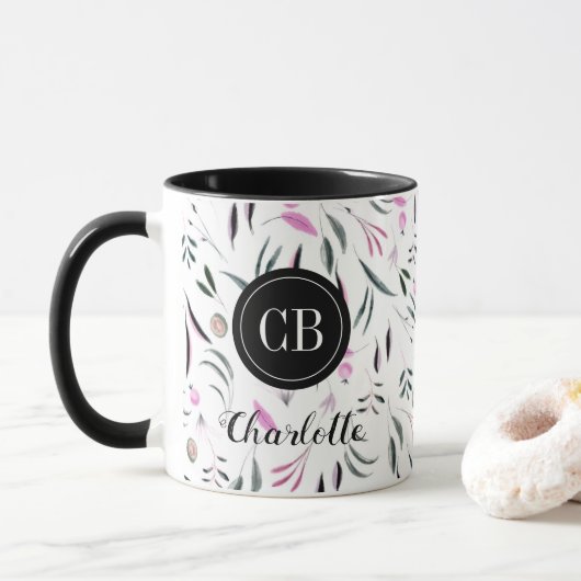 Rosa und grüne Blätter und Obst Monogramm und Name Tasse (Mit Donut)