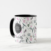 Rosa und grüne Blätter und Obst Monogramm und Name Tasse (Vorderseite Links)