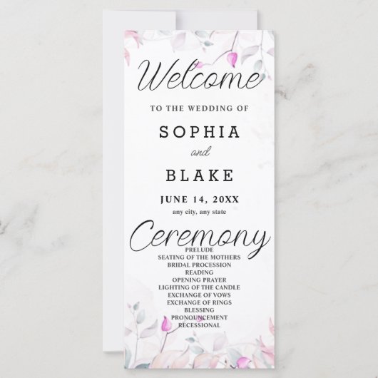 Rosa und grüne Blätter Weißes Hochzeitsprogramm (Vorderseite)