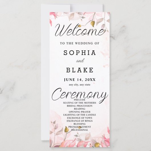 Rosa und grüne Blätter Weißes Hochzeitsprogramm (Vorderseite)